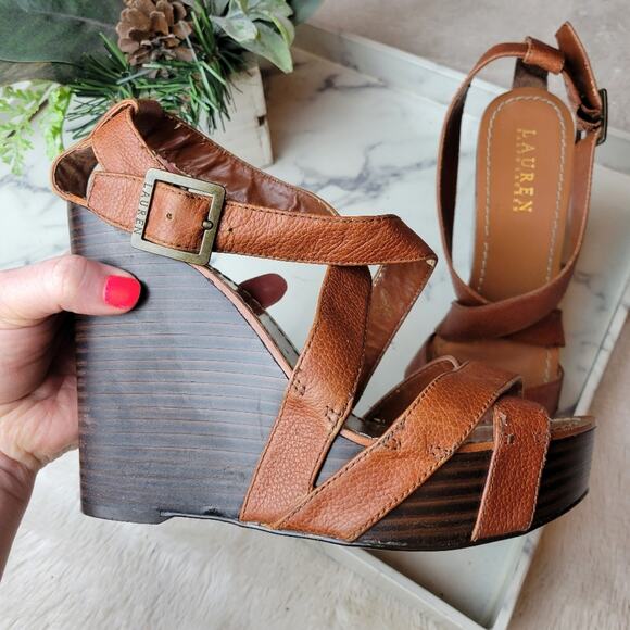 RALPH LAUREN Brown Open Toe Strappy Platform Wedges Size 8.5 - Picture 2 of 12